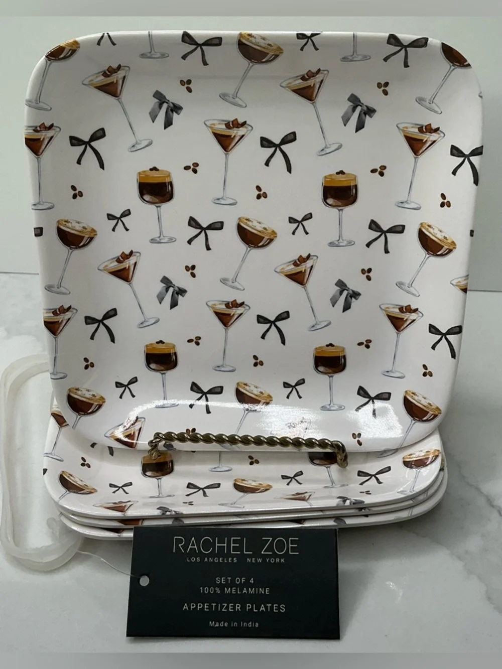 Rachel Zoe Appetizer Plates Melamine Chocolate Martini & Black Bow 6” NEW